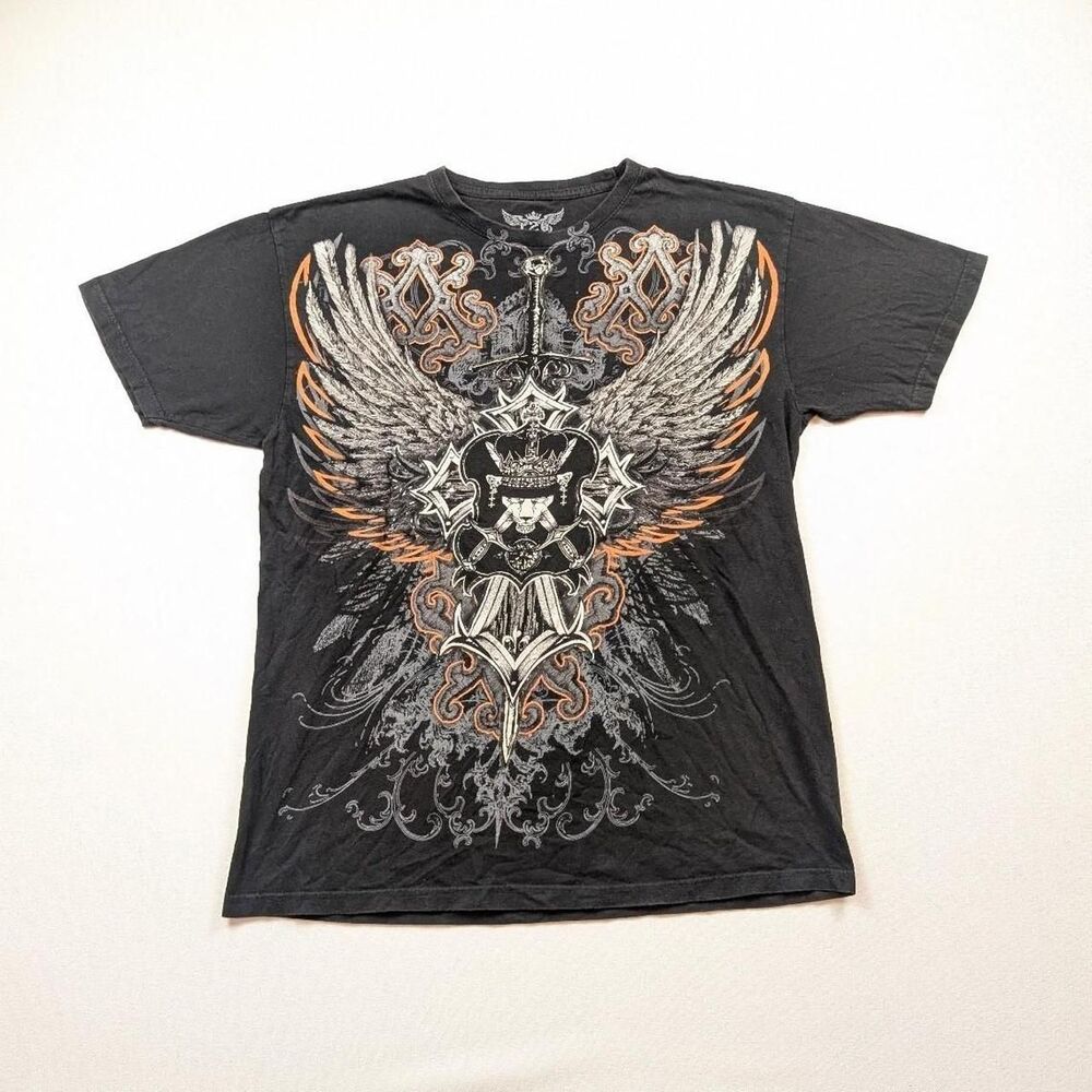 Y2K AOP Silver and Orange Angel Wings Metal Grunge Black T-shirt Size M?